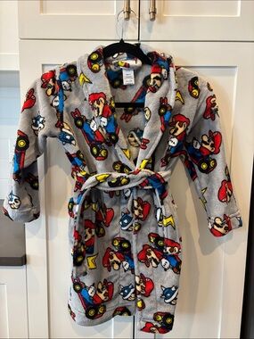 Kids Hooded Fleece Robe with Superhero Kart Print - Gray, Red & Blue